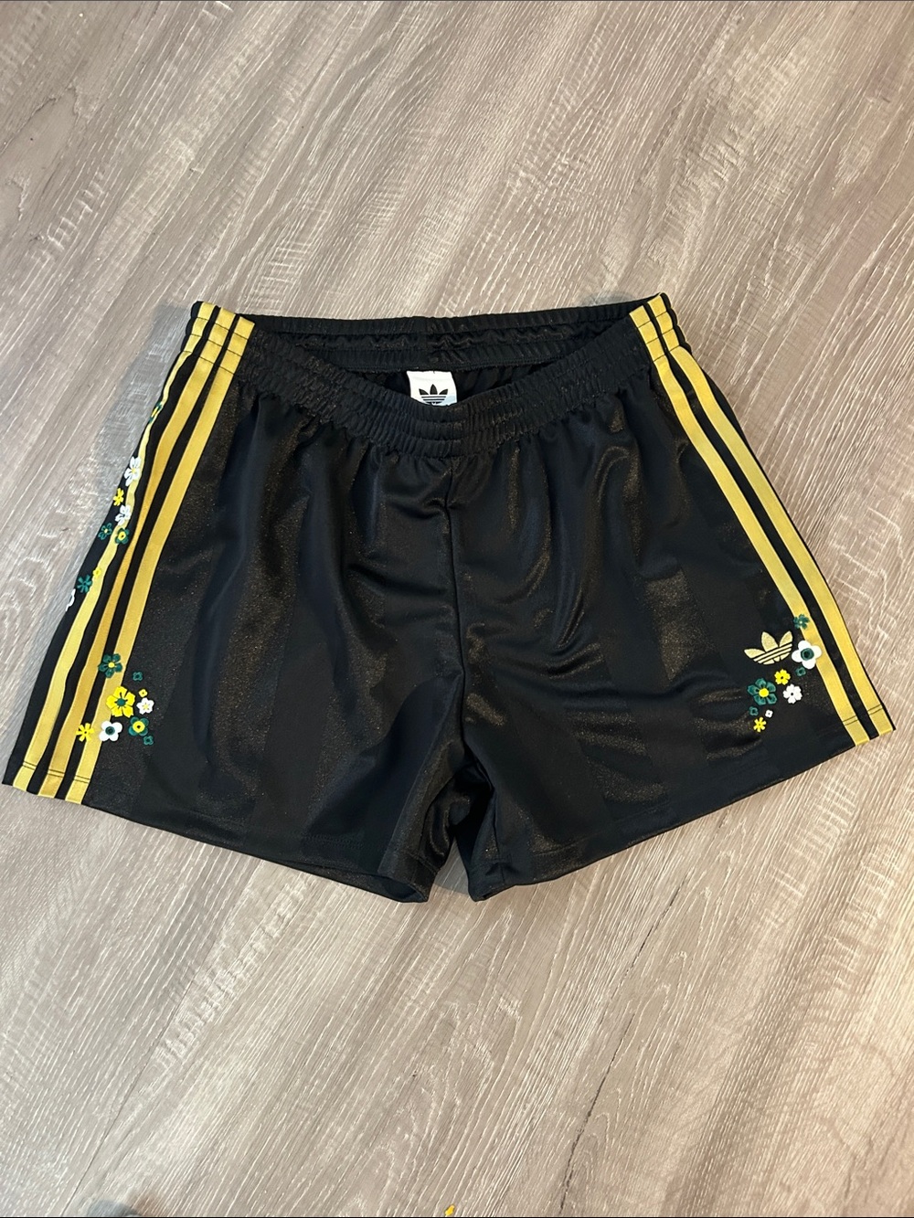 adidas Black Athletic Shorts with Yellow Stripes and Floral Detail